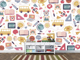 Peel & Stick Mural Full Wall Print For Kids Room "School-Themed Collage" Design for Kids' Study Area