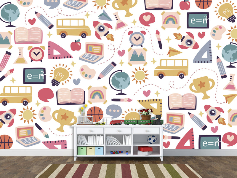 Peel & Stick Mural Full Wall Print For Kids Room "School-Themed Collage" Design for Kids' Study Area