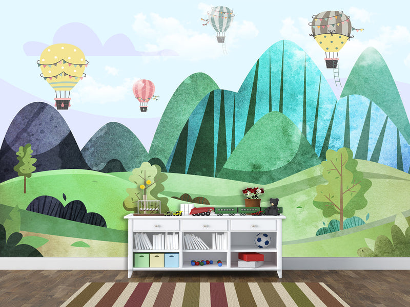 Traditional Full Wall Mural for Nursery or Kids Room Hot Air Balloon Forest Wallpaper
