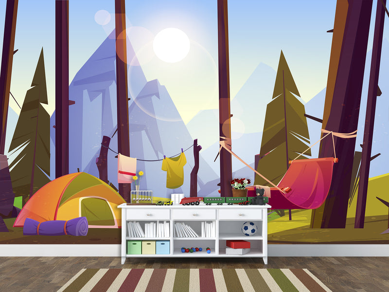 Non-Wowen Wallpaper Wallpaper For Toddlers – Camping In The Forest Cartoon-Style Kids Room Decor