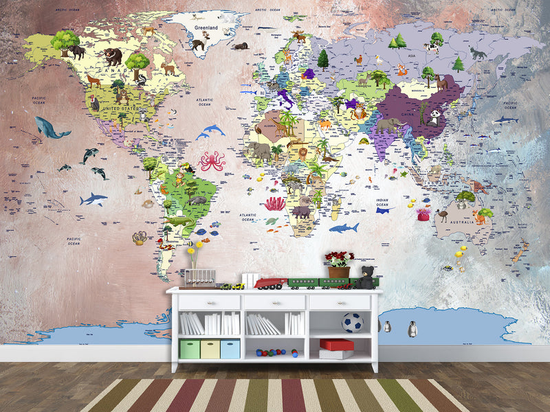 Art Design For Kids Room Self-Adhesive Wallpaper World Map Educational Kids Room Mural Playroom
