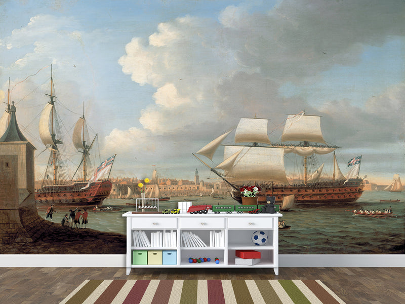 Vintage High-Quality Self-Adhesive Wall Murals for Living Room, Bedroom, and Home Office, In-House Production, Vintage Style "Sailing Era Sea Port"