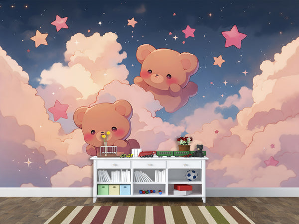 Cartoon Background Peel and Stick Mural For Kids Room Or Nursery "Cute Teddy Bears Among Stars On Clouds"