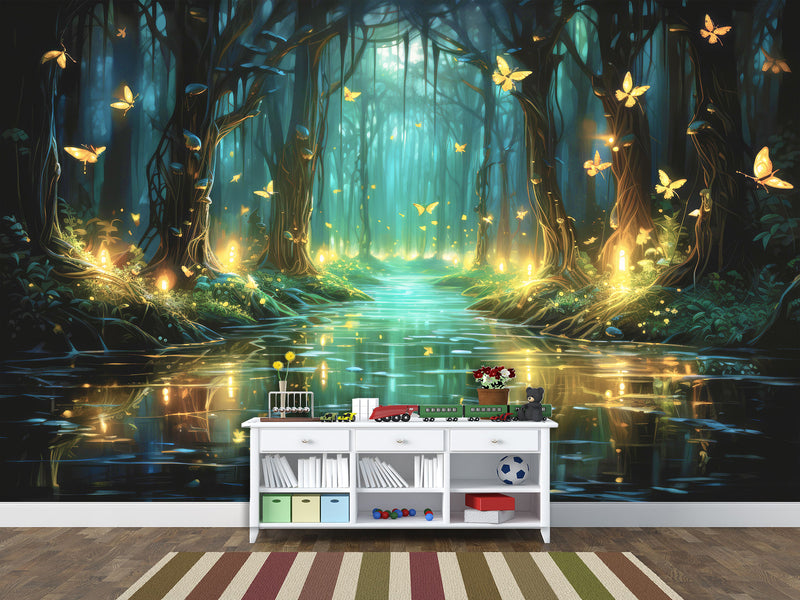 Non-Woven Magical Forest Wall Mural Peel & Stick Kids Room Wallpaper
