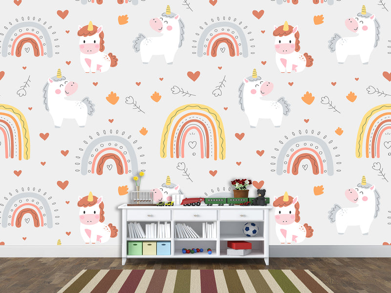 Peel and stick mural on the wall for the kid room Rainbow Unicorn Wallpaper for Kids – Cute & Magical Tots Wall Design