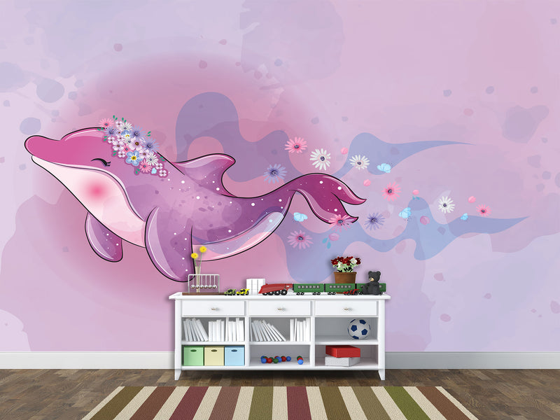 Peel and Stick Vinyl Wallpaper "Purple Dolphin For Kids" Mural Design For Playroom, Idea For A Magical Kids Room