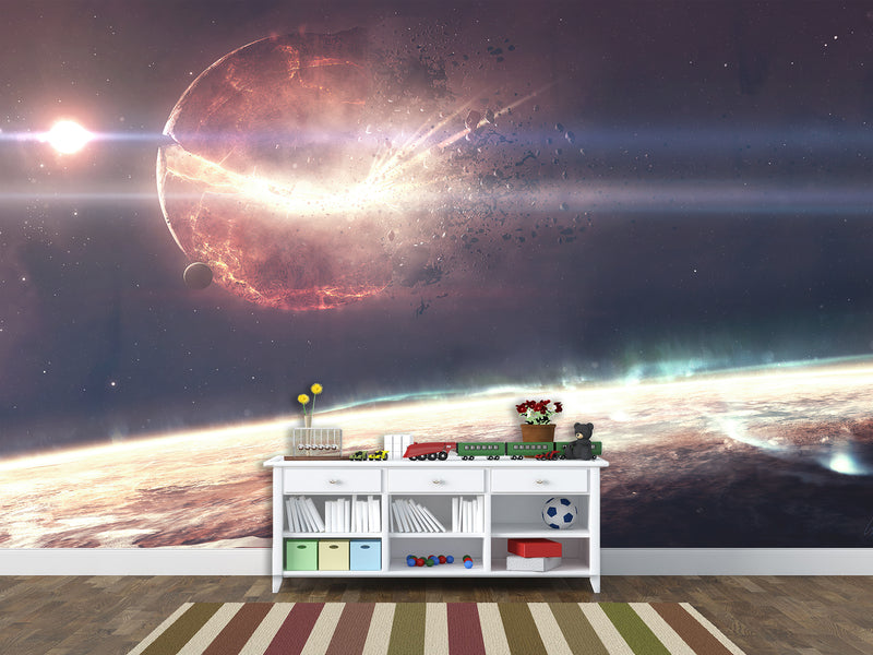 Peel and Stick Full Wall Mural Print Planet Breaking Into Fragments for Living Room or Bedroom