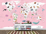 Print for Kids' Room Full Wall Self-Adhesive Wallpaper – Kids' World Map on Pink Background