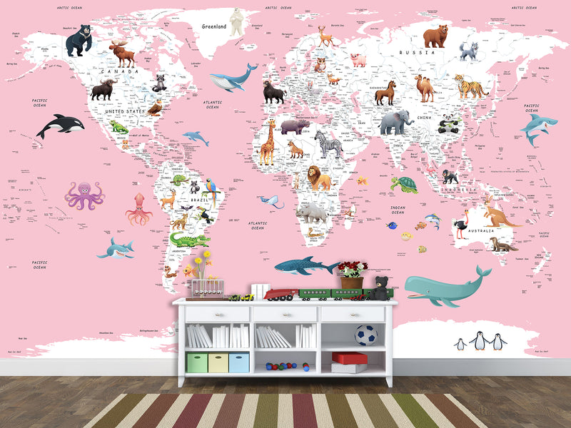 Print for Kids' Room Full Wall Self-Adhesive Wallpaper – Kids' World Map on Pink Background