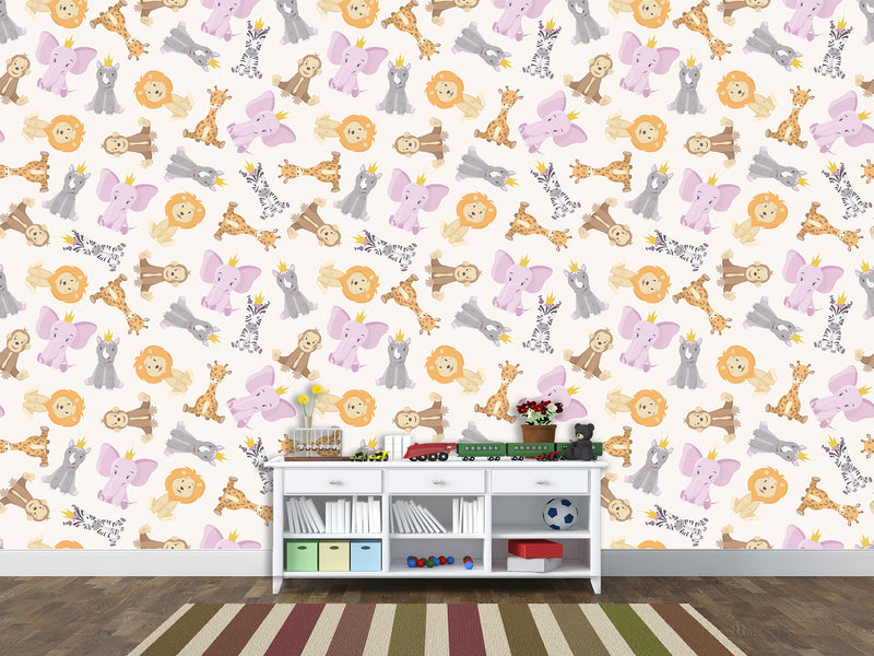 Baby Savannah Animals Self-Adhesive Wallpaper For Kids Room, Print With Lions, Elephants, Giraffes, And Monkeys