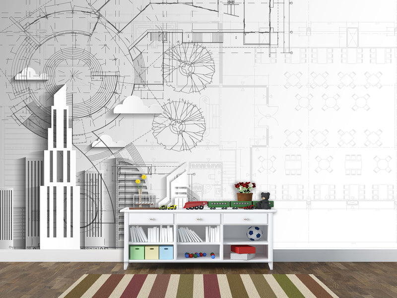Traditional wallpaper wall art “City drawing" Wallpaper for Bedroom or Living Room