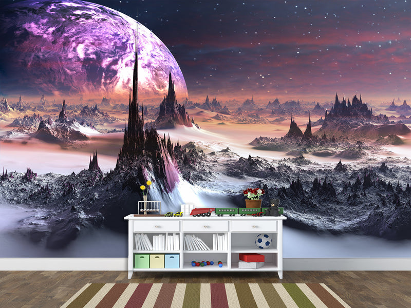 Peel and Stik Mural Wallpaper For Teen Room – "Uncharted Cosmic Planet" Bedroom Decor