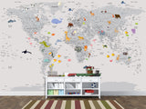 Peel and Stick Vinyl Wallpaper Minimalist Kids' World Map Mural in Grey – Wall Mural for Children’s Room