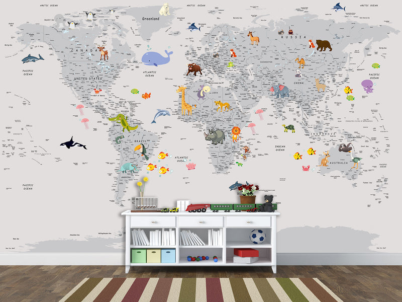 Peel and Stick Vinyl Wallpaper Minimalist Kids' World Map Mural in Grey – Wall Mural for Children’s Room