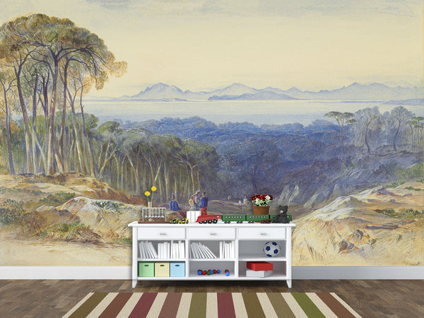 Self-Adhesive Full Wall Mural Accent French Riviera Landscape Wallpaper – Edward Lear for Living Room or Bedroom Design
