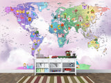Peel and Stick Vinyl Wallpaper Rainbow-Colored Kids' World Map Mural – Interactive Print for Kids' Room
