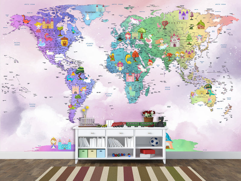 Peel and Stick Vinyl Wallpaper Rainbow-Colored Kids' World Map Mural – Interactive Print for Kids' Room