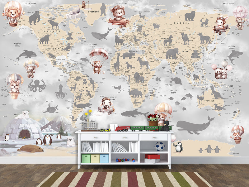 Decor for Kids room, Non-Woven Mural Wall-Sized Wallpaper "Kids' World Map With Hidden Animals"