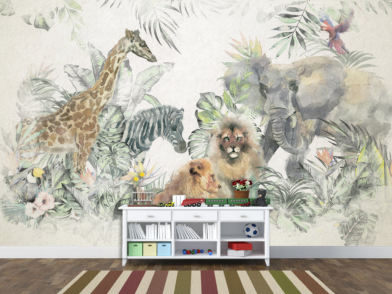 Peel and Stick Vinyl Wallpaper Kids Wall Mural – African Safari Animals Full Wall Mural Print