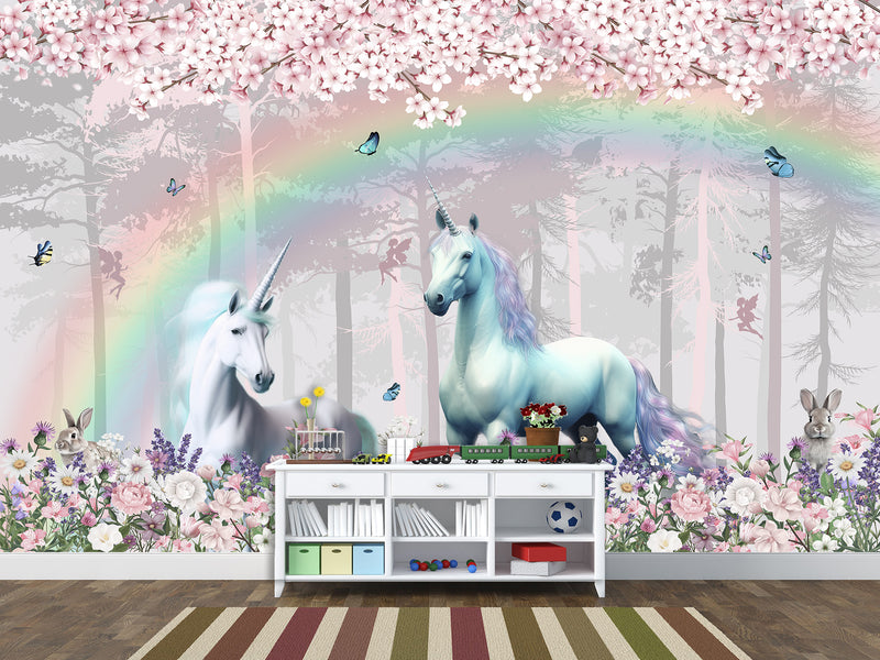 Peel & Stick Vinyl Wallpaper Kids' Room Print – "Unicorns in an Enchanted Forest"