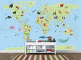 Self-Adhesive Kids' Wall Mural Full Size – Green World Map Design on Sky Blue Background