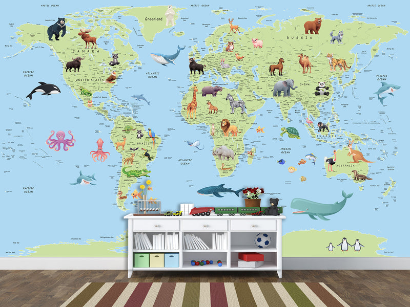 Self-Adhesive Kids' Wall Mural Full Size – Green World Map Design on Sky Blue Background