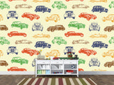 Self-Adhesive Full Wall Wallpaper – Colorful Retro Cars Print for Bedroom or Office