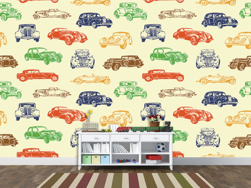 Self-Adhesive Full Wall Wallpaper – Colorful Retro Cars Print for Bedroom or Office