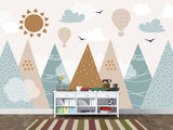 Self-Adhesive Wallpaper In Soft Colors For Kids Room "Balloon Flight Over The Mountains" Design For Playroom