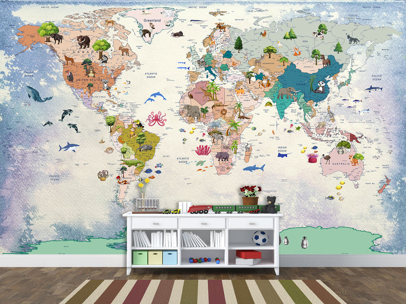 Self-Adhesive Mural For Kids Room Interactive World Map For Children Full Wall