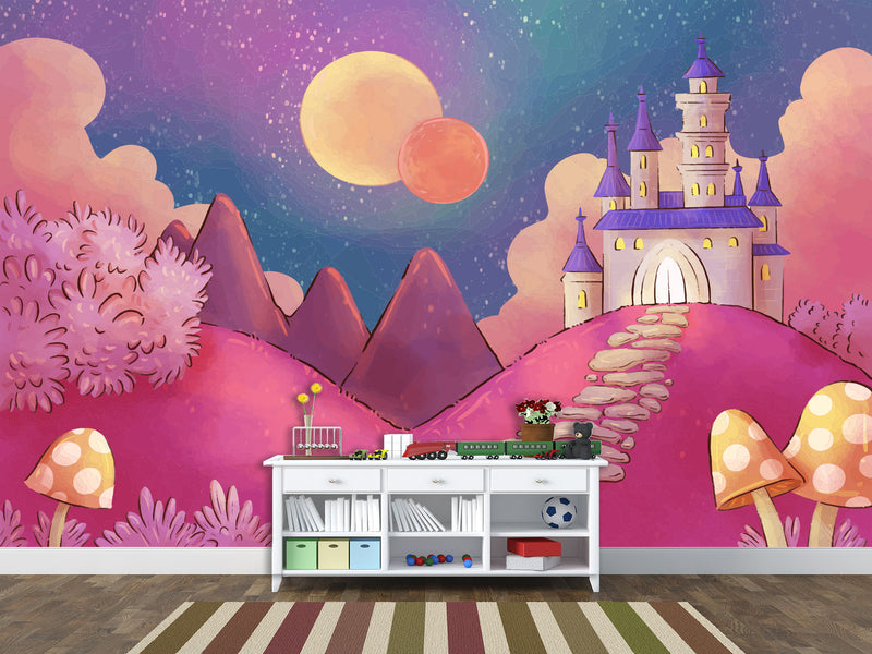 Non-Woven Wallpaper Made with Eco-Friendly Materials for Kids' Room "Castle on a Pink Hill"
