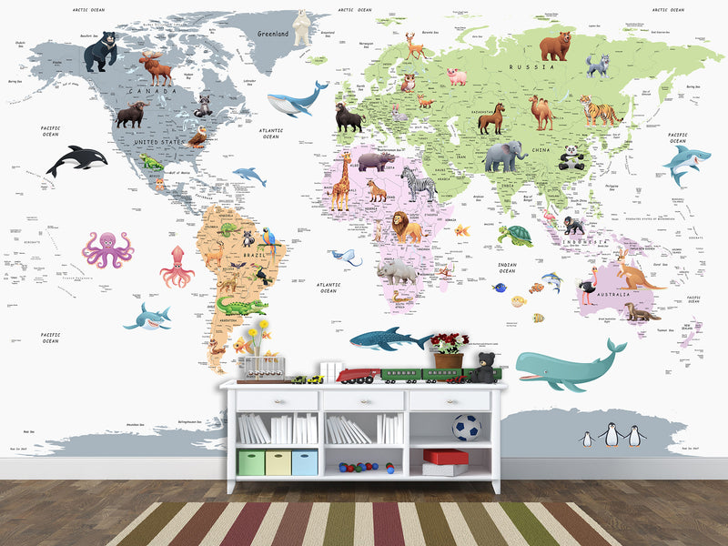 Self-Adhesive Full Wall Kids' World Map Wallpaper – Soft Colors for Kids' Room & Playroom