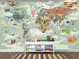 Non-Woven Mural 3D Effect Kids' World Map Wallpaper with Funny Animals – Wall Mural for Children’s Room