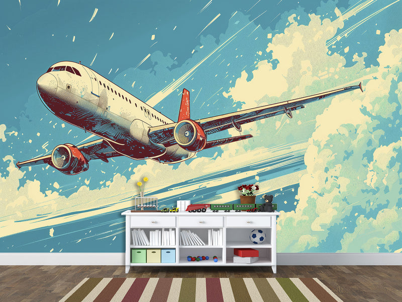 Peel and Stick Mural All Wall Eco-Friendly Materials For Living Room, Office "Airplane In The Blue Sky"