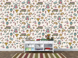 Modern Non-Woven Wallpaper — Educational School Wallpaper for Kids "Backpacks, Globes, and Books Print"