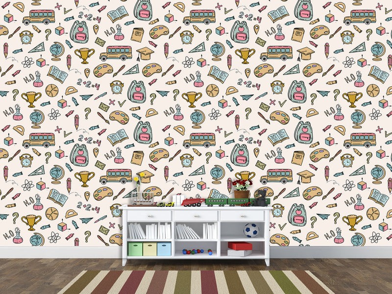 Modern Non-Woven Wallpaper — Educational School Wallpaper for Kids "Backpacks, Globes, and Books Print"