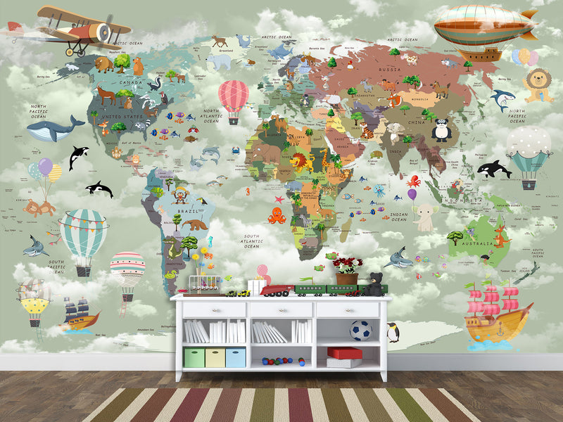 Decor for Kids room, Vinyl Wallpaper Peel and Stick with the pattern “Kids map of the world”