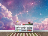 Fairy Tale Self-Adhesive Wallpaper For Kids, Artistic Style Wall Mural Design "Purple Pink Starry Sky" ✨