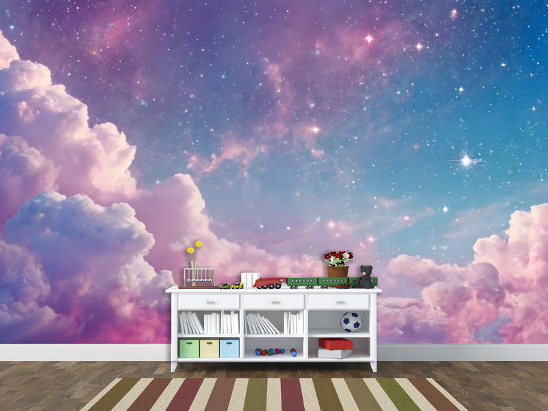 Fairy Tale Self-Adhesive Wallpaper For Kids, Artistic Style Wall Mural Design "Purple Pink Starry Sky" ✨