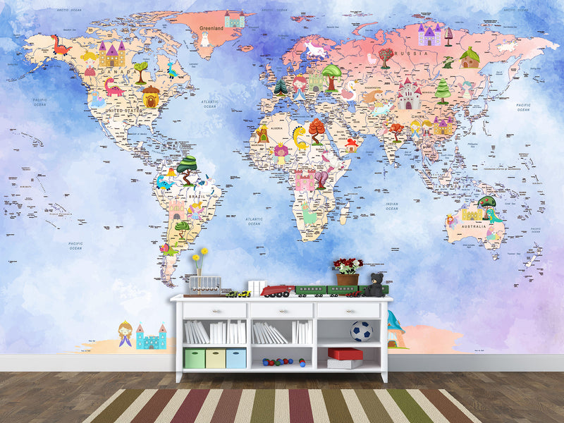 Peel and Stick Vinyl Wallpaper Magical World Map Mural for Kids – Interactive & Educational