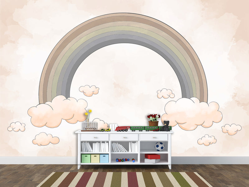Non-Woven Wallpaper Kids Room Design – Rainbow Among Pink Clouds, Wall Decor For Boys And Girls