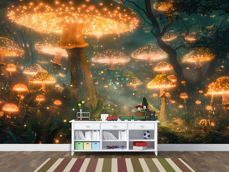 Eco Non-Woven Mural for Kids Room Full Wall "Fairy in a Magical Mushroom Forest"