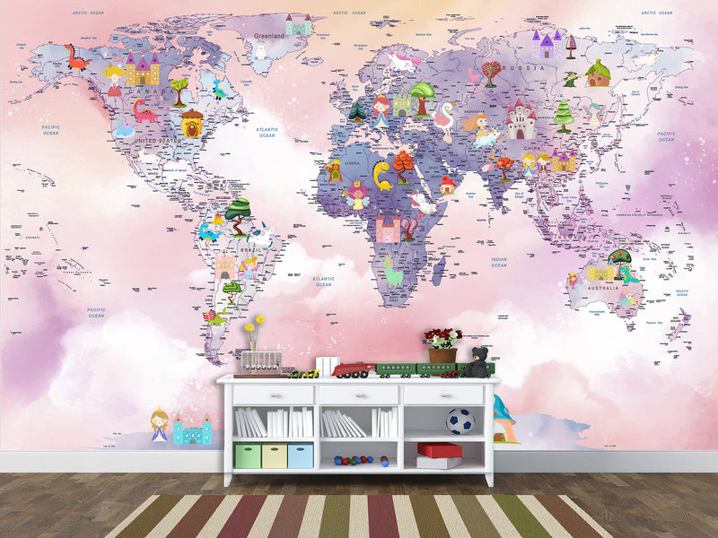 Self-Adhesive Kids Wallpaper World Map In Purple And Pink Mural – Art Decor For Magical Kids' Room