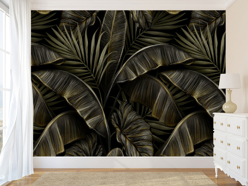 Floral Full-Wall Print Non-Woven Photo Wallpaper Tropical Design For Office Or Bedroom "Banana Leaves"