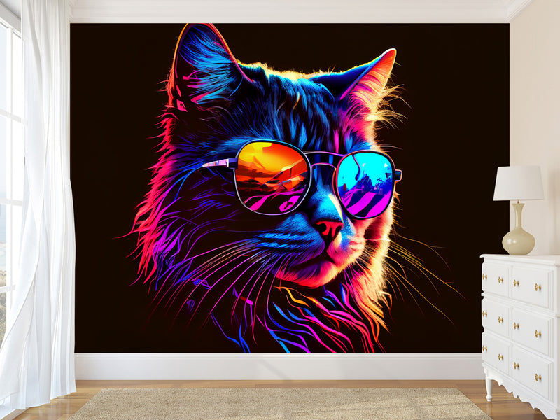 Non-Woven Photo Mural Print For Gym, Office, Workshop "Neon Cat"