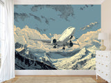 Full Wall Traditional Wallpaper For Office, Home Workspace, Or Studio "Aircraft Flying In The Sky Over Mountains" Comic Style