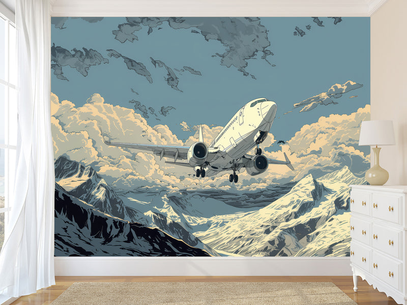 Full Wall Traditional Wallpaper For Office, Home Workspace, Or Studio "Aircraft Flying In The Sky Over Mountains" Comic Style