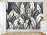 High-Quality Nature Print Self-Adhesive Wallpaper – Wall Print Mural for Bedroom, "Silver Leaves: A Play of Light and Shadow"