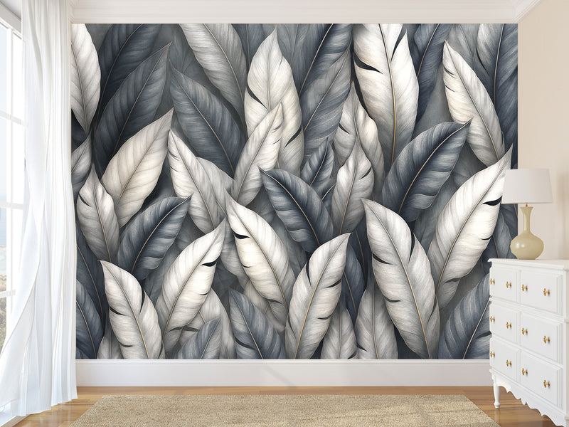 High-Quality Nature Print Self-Adhesive Wallpaper – Wall Print Mural for Bedroom, "Silver Leaves: A Play of Light and Shadow"