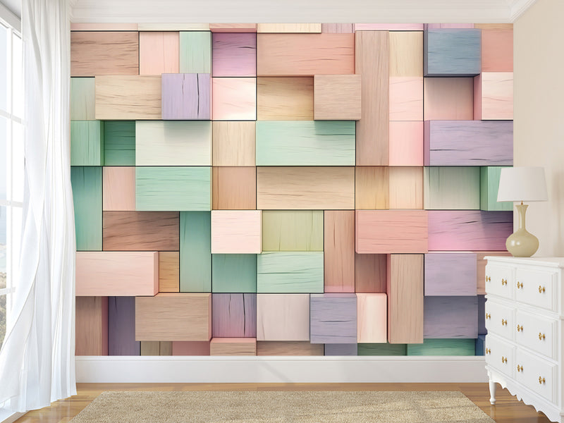 Calm Tone Wallpapers – Non-Woven Wall Murals, 3D Abstract Wallpaper "Colorful Wooden Cubes", Decor for Bedroom, Living Room, Kids' Room